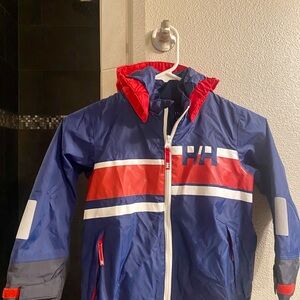 Helly Hansen Blue and Red Raincoat with High Collar and Full-Length Zipper